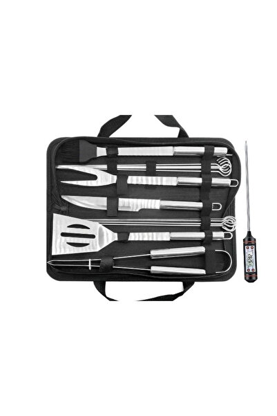 Toolsy Set 14 Ustensile pentru Gratar cu Termometru, Flippy, din Otel Inoxidabil, Geanta Oxford, Argintiu