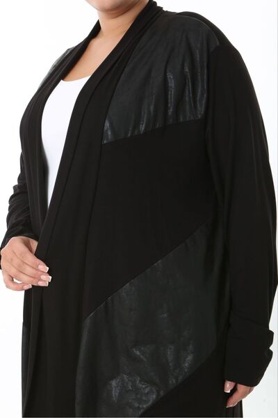 Butik Nilyam Women's Plus Size Asymmetrical Cut Leather Detailed Flexible Viscose Long Cardigan Black 25000
