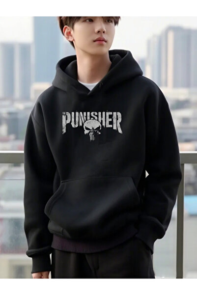 DEEPSENCE Erkek Siyah Kapüşonlu Oversize Sweatshirt Punısher Baskılı