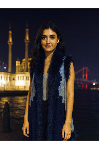 fiore fashion Vest Lace Fur Long Grey and Navy Blue Color
