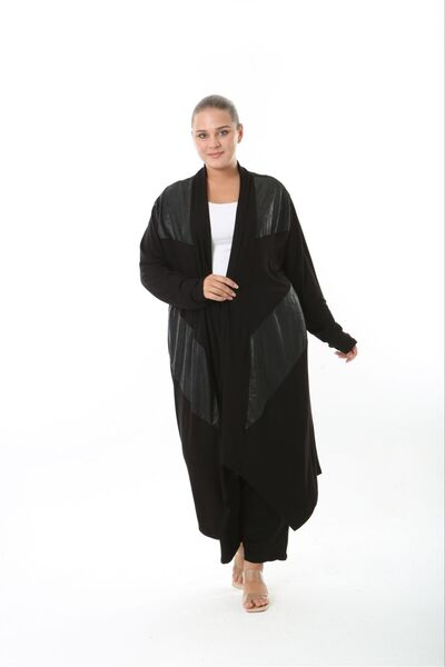 Butik Nilyam Women's Plus Size Asymmetrical Cut Leather Detailed Flexible Viscose Long Cardigan Black 25000