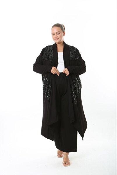 Butik Nilyam Kadın Büyük Beden Asimetrik Kesim Payet Detaylı Esnek Viskon Uzun Hırka Siyah 25000