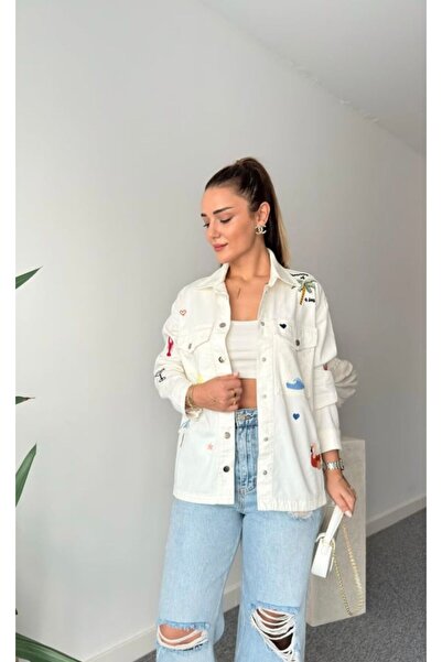 ALVOR Jachetă din denim brodată cu motive tropicale - Cu nasturi tip snap