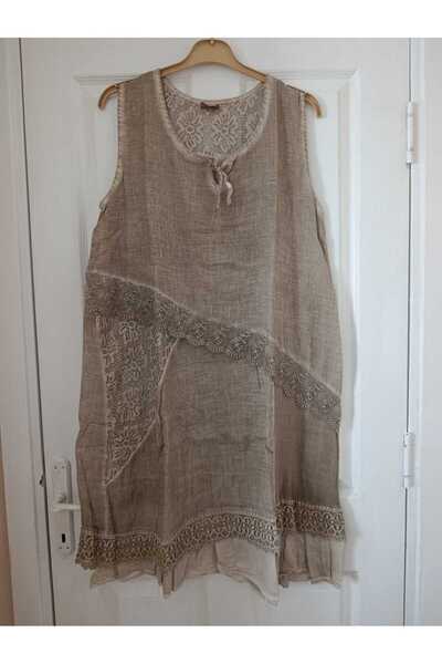 anne moda ankara Ανώτερης ποιότητας, 100% πλυμένο, υφαντό από βαμβάκι, με λεπτομέρεια από δαντέλα, με κορδόνια στο λαιμό, αμάνικο φόρεμα