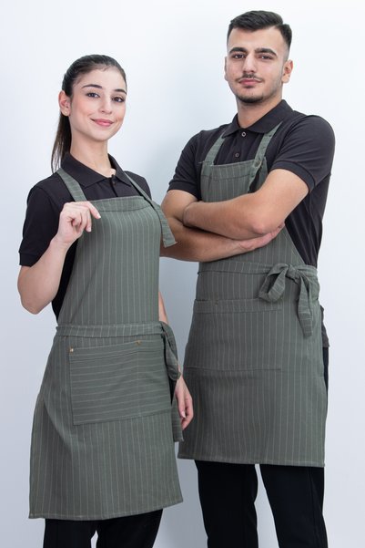 Das Uniform Striped Unisex Buttoned Adjustable Apron with Pockets