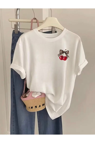 FUFLUNS تي شيرت مطبوع برقبة دائرية كبيرة الحجم