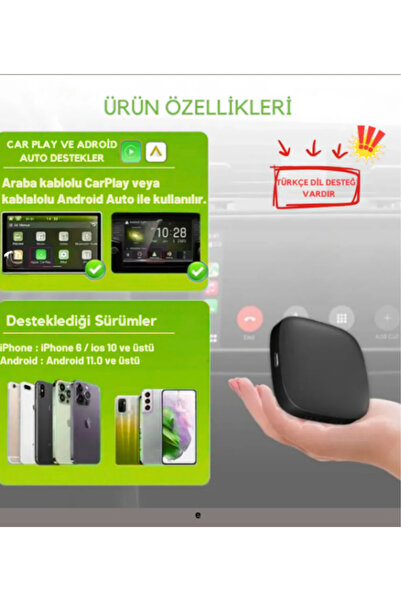 WUNİT Kablosuz Car play,İos ve Android Auto Adaptör Türkçe Dil 2 Gb Ram 32 Gb Rom Youtube Netflix