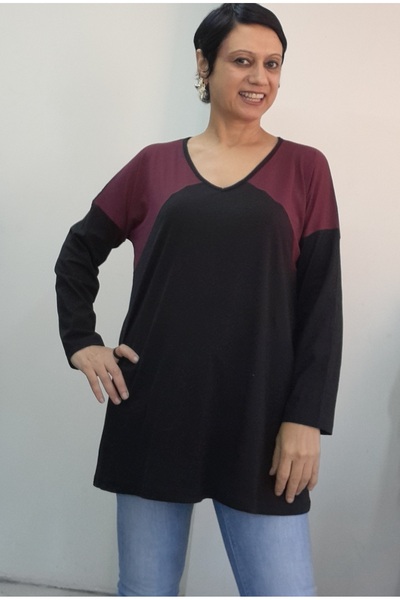 Mertcan Butik Black V-Neck Burgundy Color-Blocked Size Fits All Low-Sleeve Combed Viscose T-Shirt