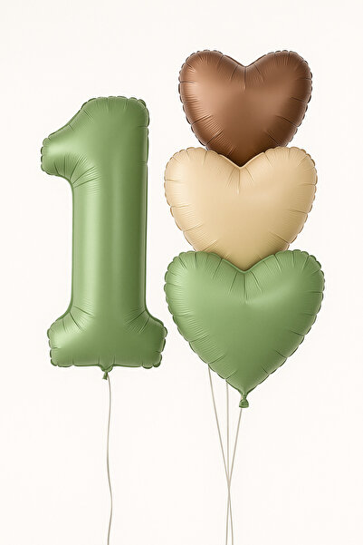 Partifabrik بالون رقم أخضر زيتوني، 3 بالونات على شكل قلب، عمر سنة واحدة
