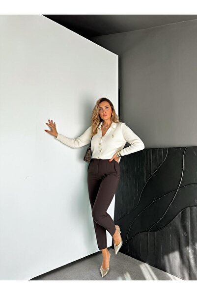 Zerrincan Giyim Kahve Fileto Detaylı Kumaş Pantolon