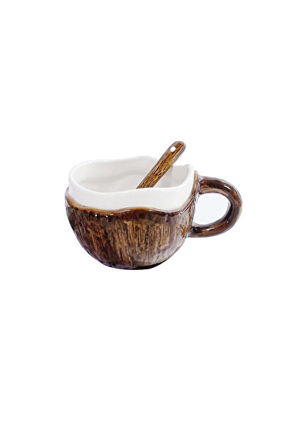 Flippy Ceramic Mug, Flippy, 201-300 ml, with Spoon, Coconut Pattern, Brown