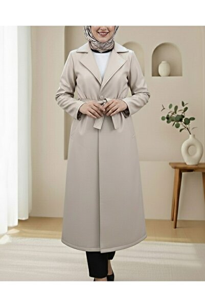 Modamorfo Single Button Leather Trench Coat with Belted Waist and Side Pockets - Beige