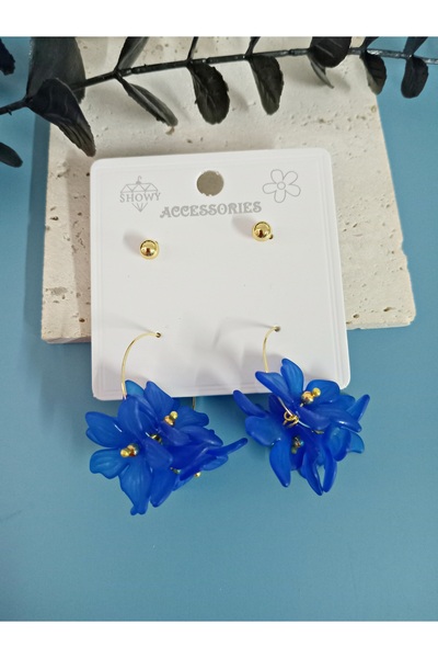 mos&more 4 Parça Lacivert Çiçek Gold Halka Kadın Küpe