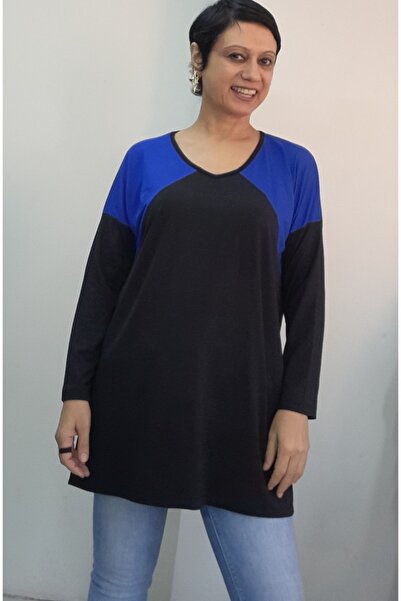 Mertcan Butik Black Indigo Color-Blocked V-Neck Size Fits All Low-Sleeve Combed Viscose T-Shirt