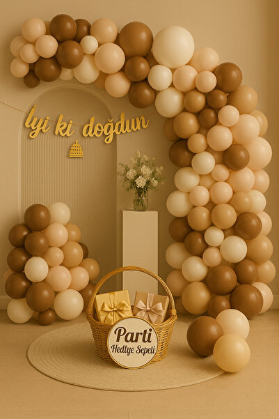 parti hediye sepeti Doğum Günü Balon Süsleme Seti Kahverengi Kum Beji Beyaz 80 Parça | İyi Ki Doğdun Yazısı Dahil
