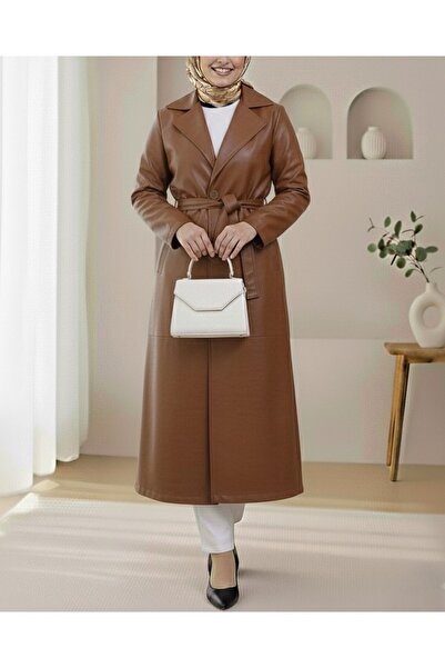 Modamorfo Single Button Leather Trench Coat with Belted Waist and Side Pockets - Tan
