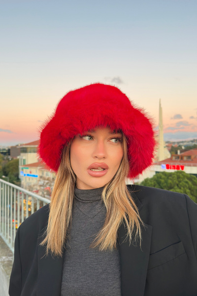 Mavelle Women's Red Bucket Winter Hat |   Faux Fur Women's Hat