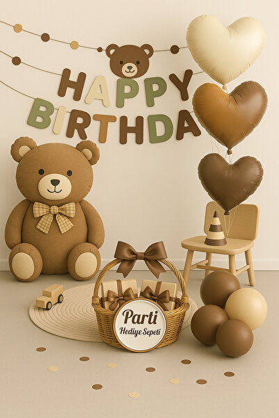 parti hediye sepeti Ayı Temalı Doğum Günü Parti Seti Kahve Krem Karamel | Kal...