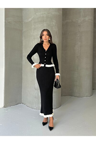 Lusin Γυναικεία μαύρη φούστα με βολάν με λεπτομέρειες, κομψό πλεκτό σετ (μέγεθος S)