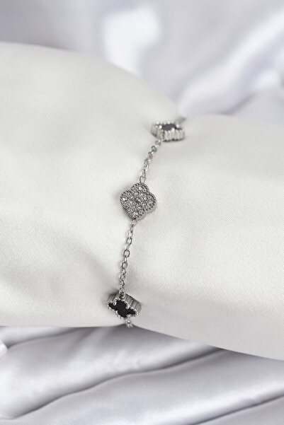 Skygo 316L Steel Silver Color Black and Zircon Stone Baby Boy Clover Women Br...