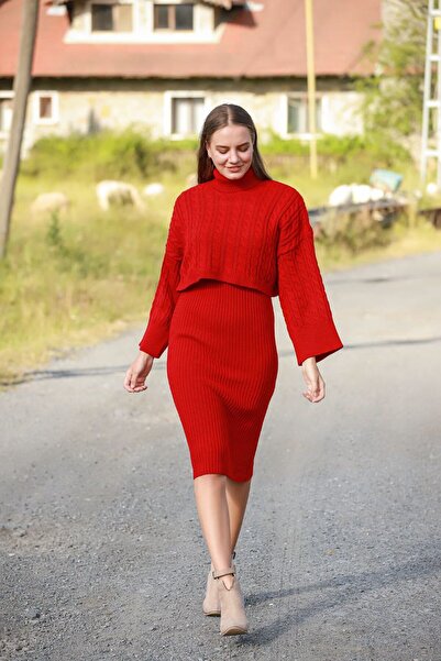 ELBA STİL Half Sleeve Hair Braided Turtleneck Loose Cut Sweater U Thick Strap Ribbed Dress Double Knitwear Suit