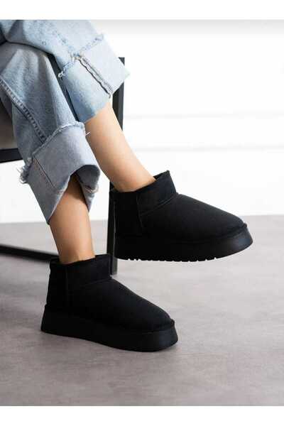 Satenora Velina Black Short Thick Heeled Fur Boots