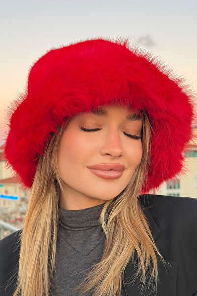 Mavelle Women's Red Bucket Winter Hat |   Faux Fur Women's Hat