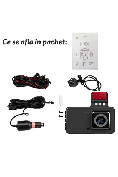 RO GROUP Camera auto DVR duala, FullHD 1080P, inregistrare fata si spate, display 4", Night Vision, 170 grade