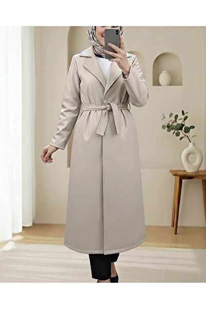 Modamorfo Single Button Leather Trench Coat with Belted Waist and Side Pockets - Beige