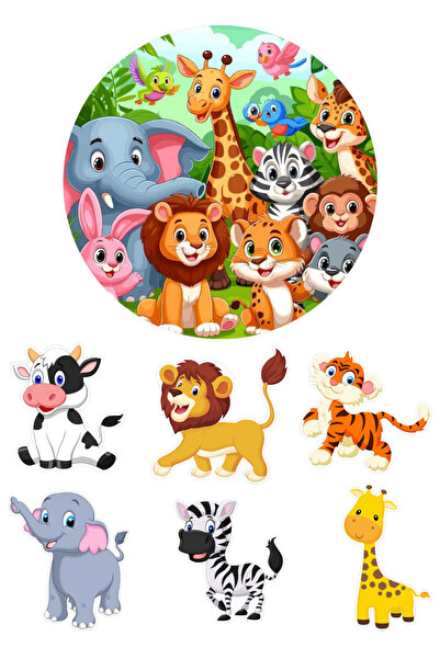 BatıDoğu Yenilebilir Yuvarlak Pasta ve Figür Resim Baskısı Şekerli Kağıt Safari Temalı 24