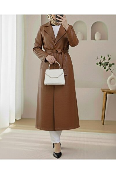 Modamorfo Single Button Leather Trench Coat with Belted Waist and Side Pockets - Tan