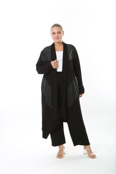 Butik Nilyam Women's Plus Size Asymmetrical Cut Leather Detailed Flexible Viscose Long Cardigan Black 25000