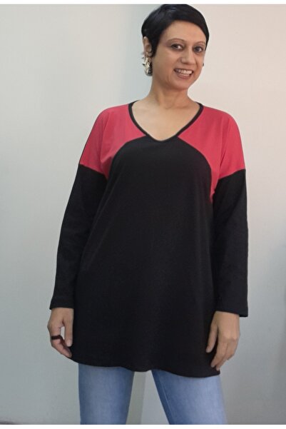 Mertcan Butik Black V-Neck Red Color-Blocked Size Fits All Low-Sleeve Combed Viscose T-Shirt