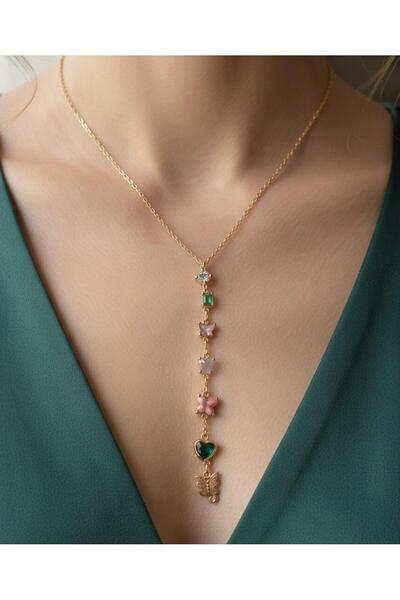 xesha قلادة على شكل حرف Y مع شكل فراشة من الأحجار الملونة باللون الذهبي