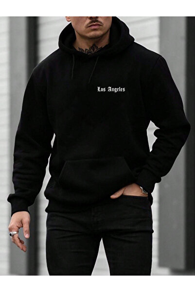 DEEPSENCE Erkek Siyah Kapüşonlu Oversize Sweatshirt LosAngeles Minimal Baskılı