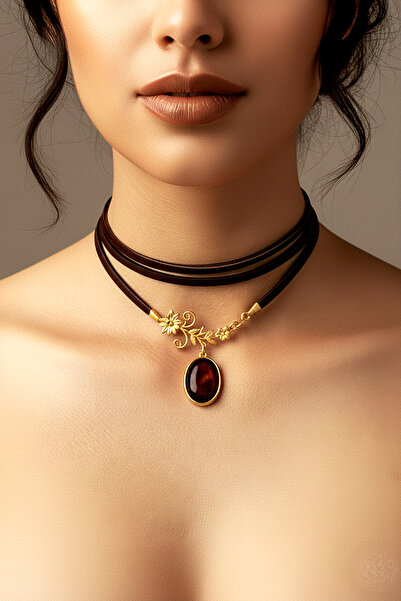 LADYMİRAGE Agate Stone Genuine Leather Choker Necklace