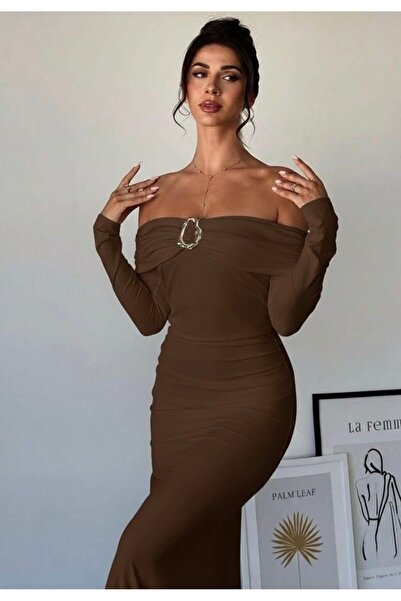 albaroda Rochie de damă maro cu guler Madonna cu mâneci lungi