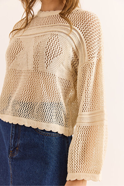 Olalook Women's Ecru Collar Detailed Openwork Seasonal Knitwear Blouse Blz-19003124