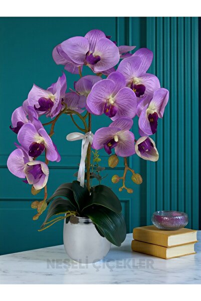 NEŞELİ ÇİÇEKLER Yapay Orkide Premium Kalite Doğal Görünümlü Gümüş Rengi Metal...