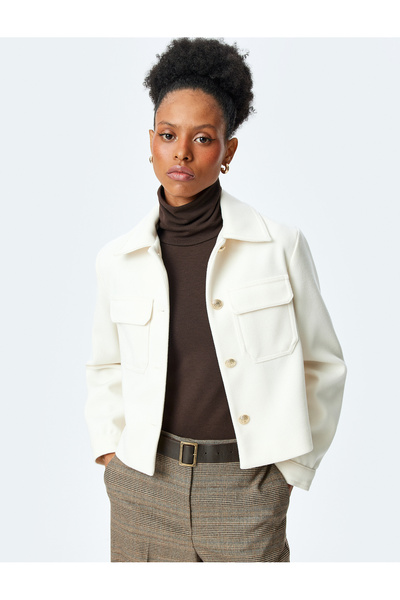 Koton Classic Collar Buttoned Pocket Detailed Crop Jacket