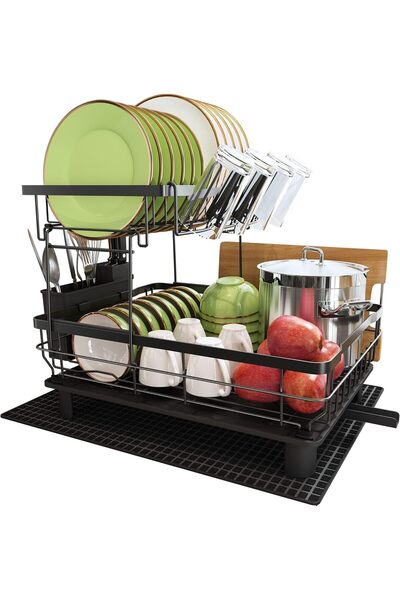 HAJAR Boosiny 2 Tier Dish Drying Rack, Stainless Steel Dish Rack with Swivel Drainage Spout, Utensil Holde
