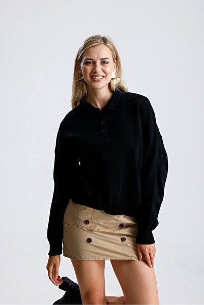 Rawanda Pulover de tricotat negru de bază cu guler polo pentru femei