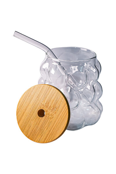 China BubbleSip cup – 400ml, glass with bamboo lid & straw, berry design