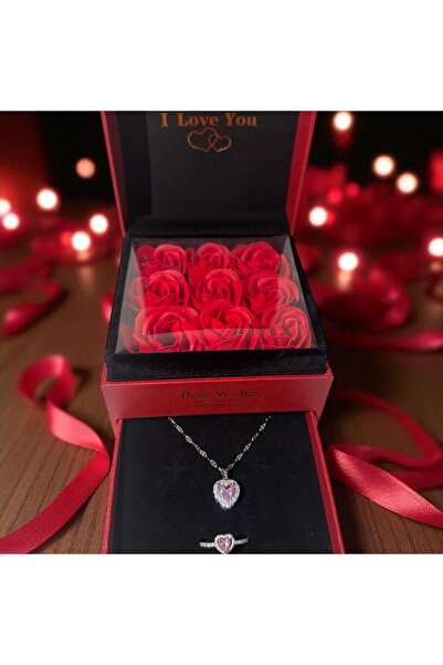 Sarego Best Wishes Zirkon Taş Kalpli Kolye Yüzük Seti Güllü Takı Kutusu Kırmızı Kutu Şık ve Anlamlı Hediye