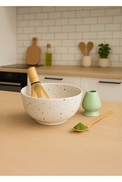 MATCHİVA 4lü Matcha Set Kase Whisk Tutucu Bambu Whisk Çırpıcı ve Bambu Kaşık