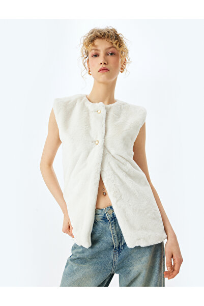 Koton Faux Fur Crew Neck Buttoned Sleeveless Vest