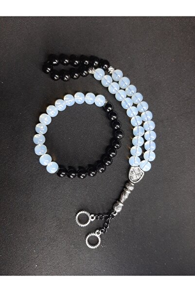 MRYart White Translucent and Black Glass Beads Rosary and Bracelet Set