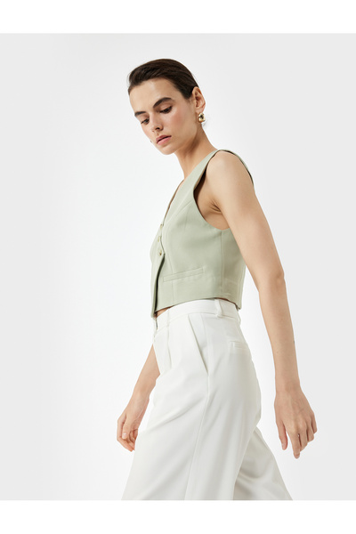 Koton Modal Fabric Asymmetric Cut Button Double Breasted Crop Vest