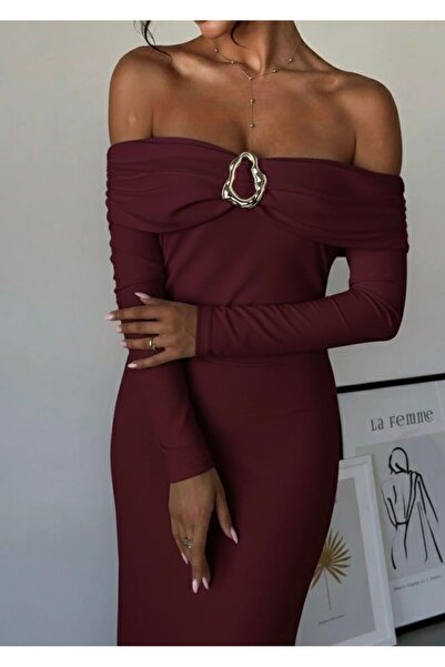 albaroda Kadın Bordo Madonna Yaka Uzun Kollu Bodycon Elbise