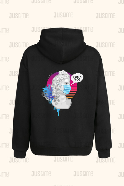 Justime تصميم Funk Yo بطباعة خلفية للجنسين، سترة بغطاء للرأس باللون الأسود مع...